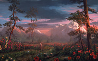 Woman flower field sunset mountains - dan mumford free wallpaper