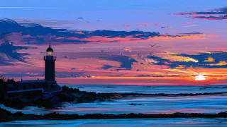 Lighthouse sunset bird beach ocean - brazier free wallpaper for desktop