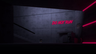 Dark room neon sign stairwell - outrun free wallpaper for desktop