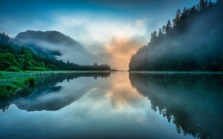 Lake foggy mountain forest sky - free forest wallpaper for desktop