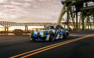 Blue white car street bridge - maximalism free wallpaper