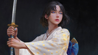 Woman sword kimono blue eyes - a painting of a woman holding free wallpaper