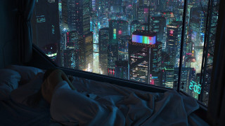 Bed cityscape neon night fireworks - cyberpunk city free wallpaper