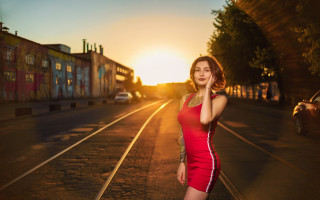Woman red dress train track - a train track free wallpaper for desktop