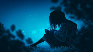 Person sitting grass cellphone blue - a digital painting free wallpaper for desktop