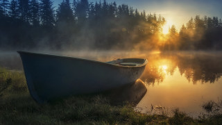 Lake sunset boat forest autumn - atmospheric lighting free wallpaper