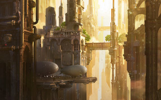 Futuristic city clock tower man - a platform free wallpaper