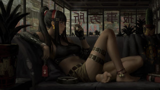 Cyberpunk woman bikini couch gun - chen chun free wallpaper