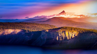 Mountain lake trees sunset sky - sunrise time free wallpaper