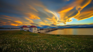 Hill house dock city sunset - colorful cloud free wallpaper