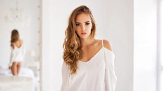 Woman white shirt cake room - white background free wallpaper for desktop