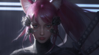 Pink hair cat ears cyberpunk - chen hong free wallpaper