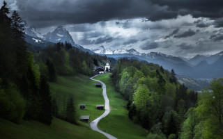 Winding road green valley church - a lush green valley free wallpaper