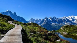 Wooden path mountain lake snowy - a wooden path free wallpaper