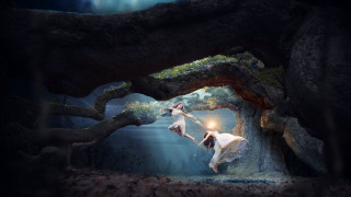 Two women white dresses cave - a cave free wallpaper