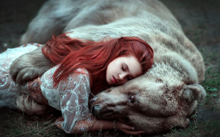 Woman bear redhair closedeyes art - a bear free wallpaper