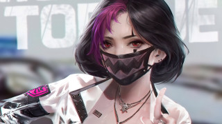 Pink hair cyberpunk masked woman - stanley artgerm lau free wallpaper