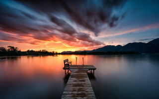 Lake dock bench sunset mountain - the middle of a lake free wallpaper for desktop