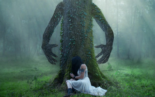 Woman grass tree surreal fantasy - a strange face free wallpaper