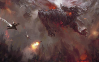 Flying giant creature fire smoke - a painting of a creature free wallpaper
