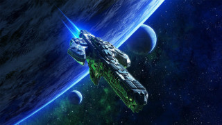 Spaceship blue planet moon starry - sci fi free wallpaper