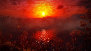 Red sunset lake trees mountains - cryengine free wallpaper for desktop