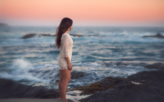 Beach woman sunset longhair art - her long hair free wallpaper