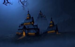 Moonlit gothic architecture foggy scene - cinematic matte painting free wallpaper