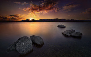 Sunset lake rocks mountains orange - orange sun free wallpaper