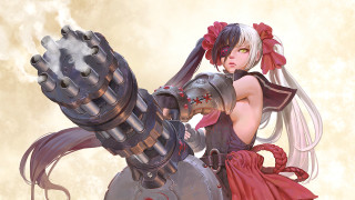Woman red dress gun mechanical - mechanical free wallpaper
