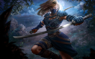 Woman blue dress sword forest - a blue dress holding free wallpaper