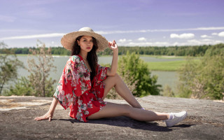 Woman red dress hat lake 2 - a red dress and hat free wallpaper