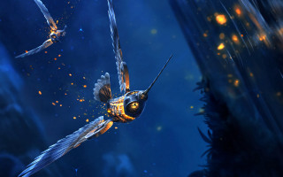 Bird flying forest fireflies night - the air next free wallpaper