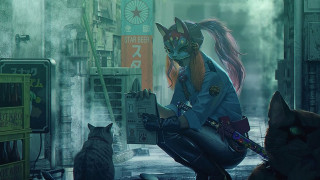 Woman cat costume sitting cyberpunk - a cat and a cat free wallpaper