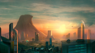 Futuristic city mountain sunset plane - christopher moeller free wallpaper for desktop
