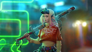 Woman gun neon background retrofuturism - cyberpunk style free wallpaper