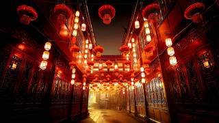 Long hallway lanterns night cityscape - a long hallway free wallpaper