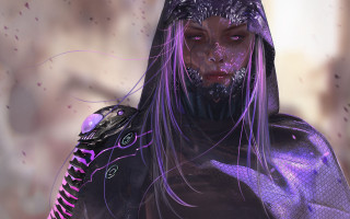 Purple hair black hooded fantasy - artstation hq free wallpaper