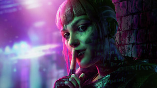 Pink haired woman cyberpunk black - a finger free wallpaper for desktop