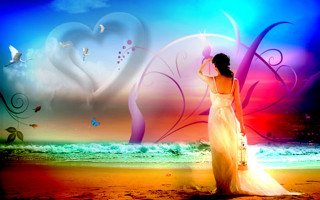 Woman white dress beach heart - figurative art free wallpaper