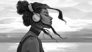 Woman headphones water clouds beach - a sky in the background free wallpaper