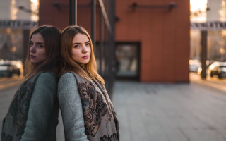 Two women cosplay blurry bokeh - a sidewalk in front free wallpaper