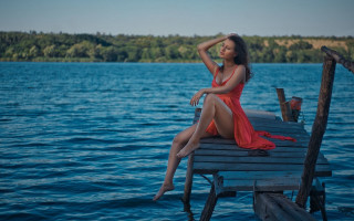 Red dress woman dock lake - lake free wallpaper