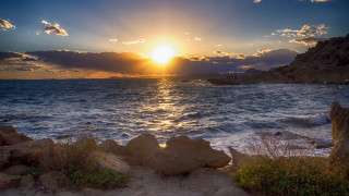 Sunset water rocks grass bridge - rock and grass free wallpaper