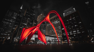 Red sculpture cityscape night sky - alexander calder free wallpaper