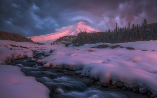 Mountain snow river cloudy sky - pinkish free wallpaper