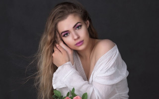 Woman long hair white shirt 13 - a pink rose free wallpaper