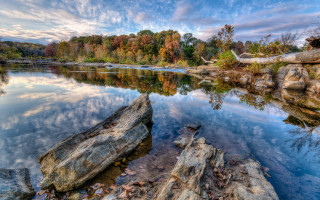 Lake rocks trees clouds sky 2 - asher brown durand free wallpaper