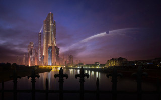 City skyline river bridge night 22 - retrofuturism free wallpaper