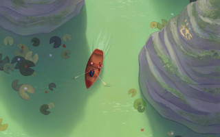 Red boat water rocks plants - a cliff free wallpaper